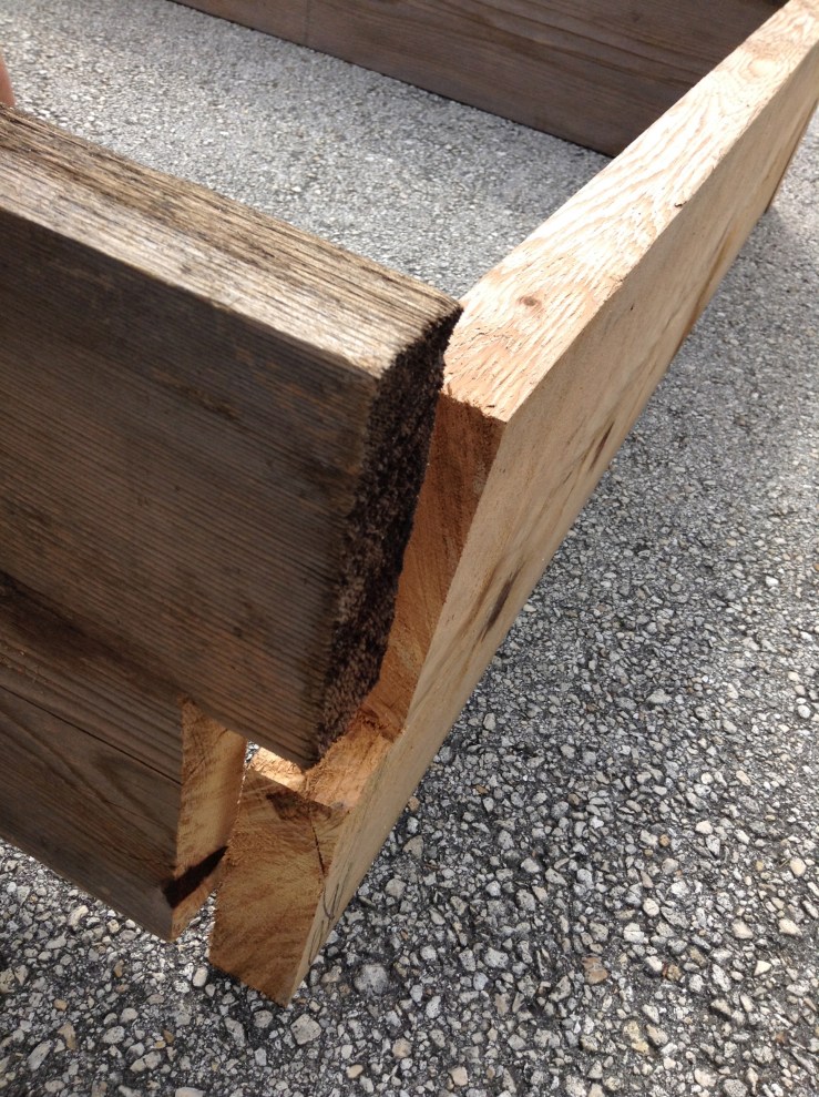 The joinery of the raised beds. This beautiful Cedar wood was donated to a new friend, James Jackman who is making a nearby demonstration garden called Gladiolus. He received 10000 dollars worth of soon to be trashed wood and donated to us 6 raised beds worth!